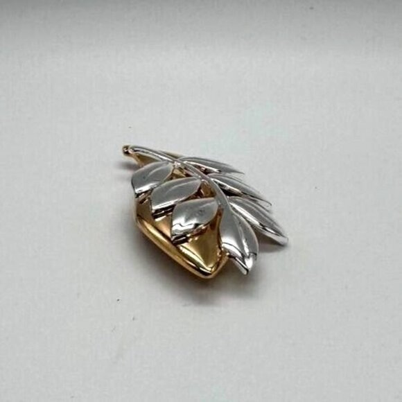 Liz Claiborne Brooch Leaves Silver Gold Two Tone Double Leaf Pin Signed - Picture 4 of 9
